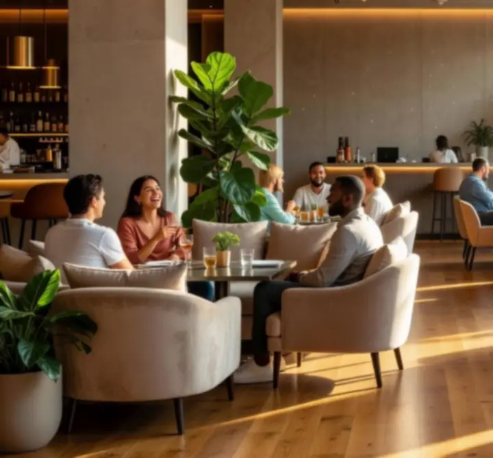 Detail moderního interiéru restaurace s pohodlným sezením a teplým osvětlením.