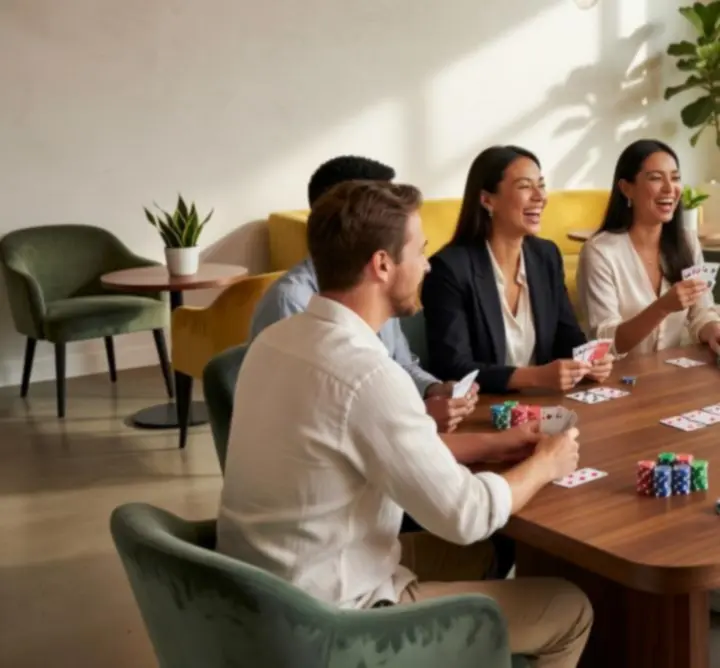 Hosté u elegantního stolu v kasinu stylu, kteří si užívají společenskou offline zábavu v Ceska Vibe
